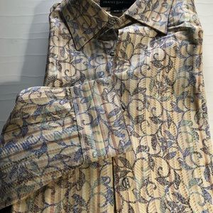 Jhane Barnes mens long sleeve shirt, tan /blue, 70% silk 30% rayon